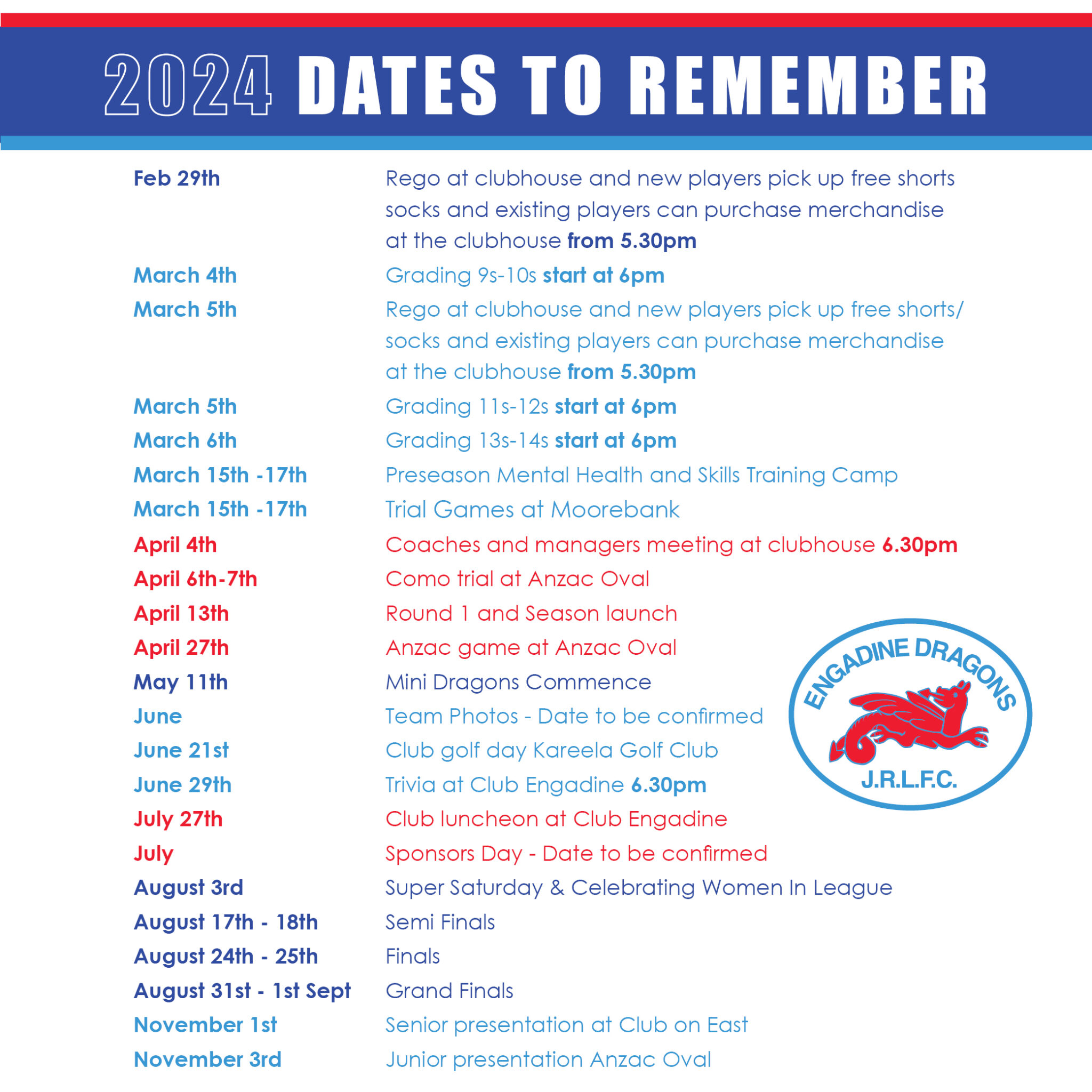 2024 dates to remember Engadine Dragons